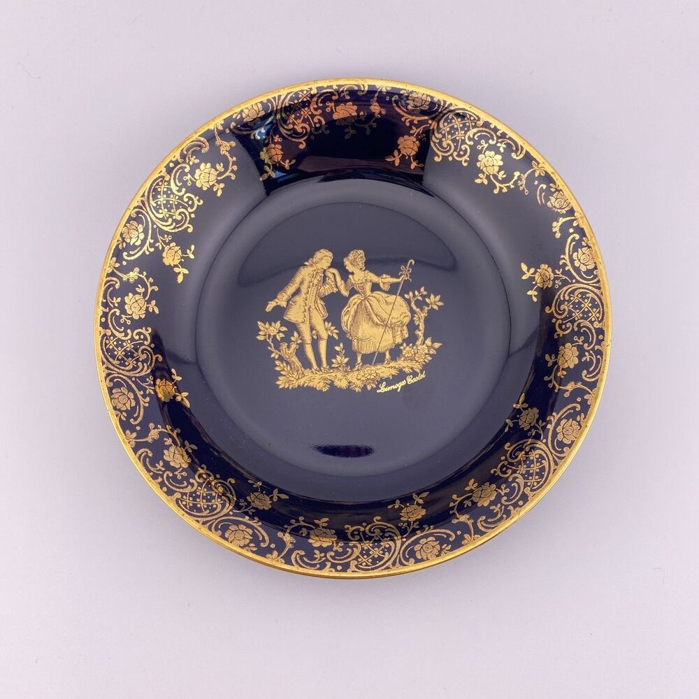 LIMOGES CASTEL 22k FRANCE - COURTING COUPLE TRINKET DISH- 5.25"